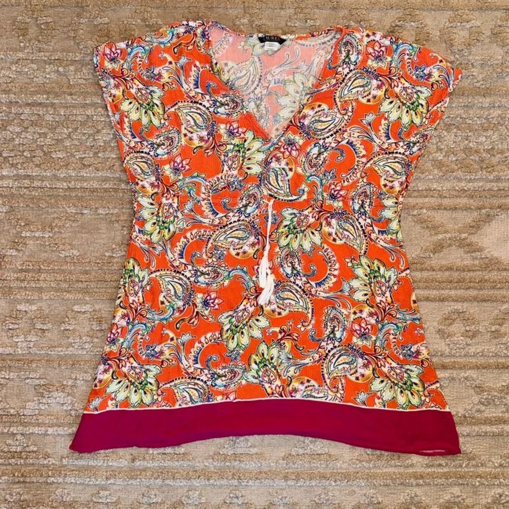 Lauren Ralph Lauren Paisley Swim Cover Up Tunic XL Orange Multicolor Tassel